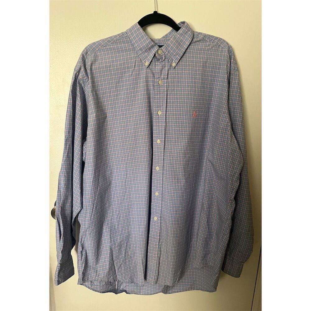 Ralph Lauren Men's XL Blue Gingham Button-Down‎ Shirt Long Sleeve Classic Fit